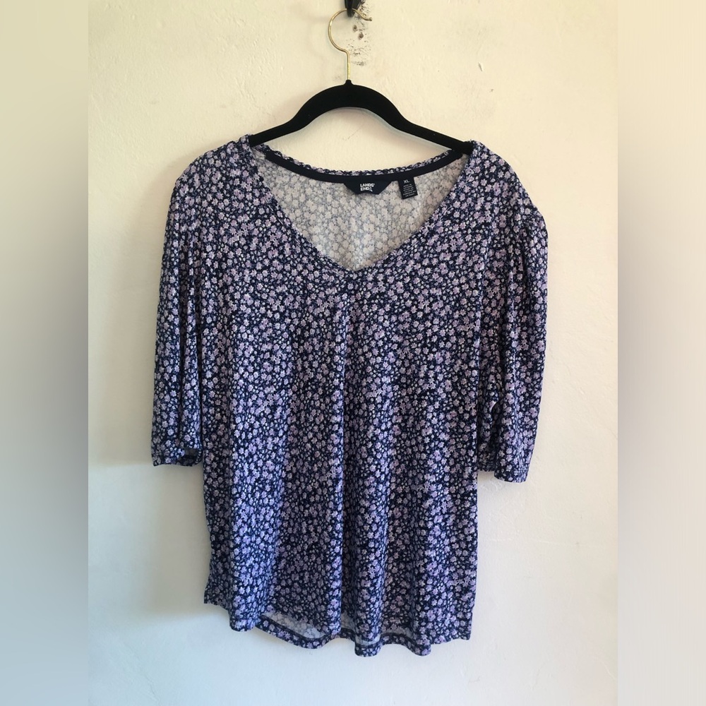 Lands' End Shirt Womens X-Large Blue Floral V Neck 3/4 Sleeve Stretch Bloomcore